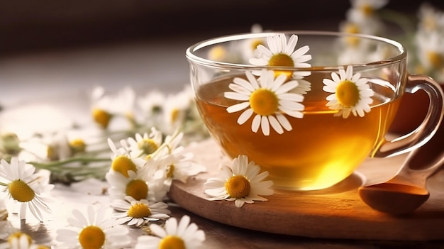 Herbal chamomile tea in glass mug with chamomile flowers on wooden table in sunlight healthy drinks