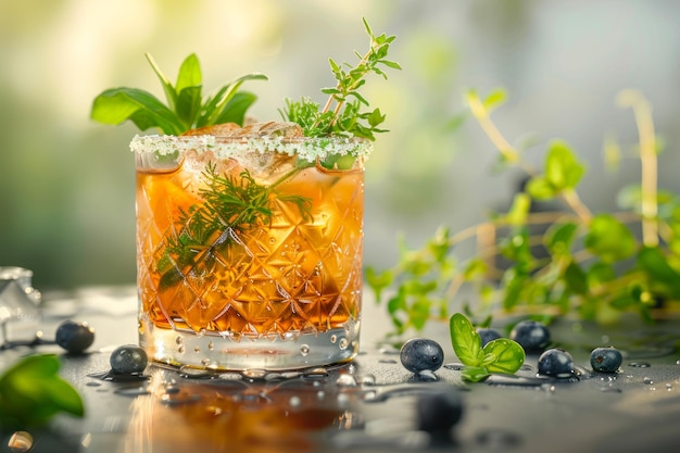 Herbal Cocktail with Blueberries and Fresh Greens