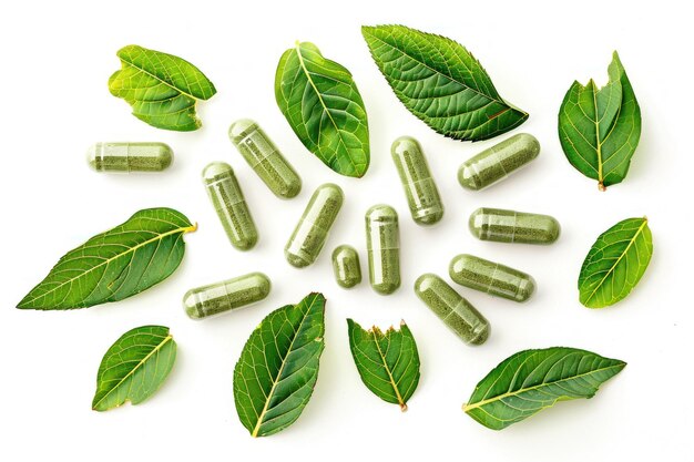 Photo herbal medicine in capsules made from herb leaves