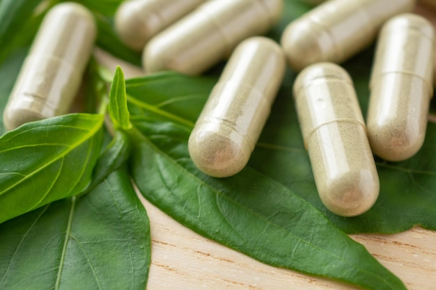 Herbal medicine capsules with Andrographis paniculata leaf on wood table