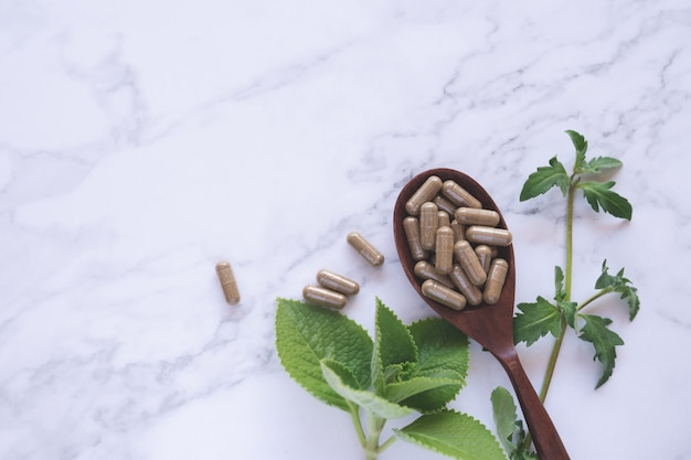 Herbal medicine in capsules on wood spoon with natural green leaf on white marble 