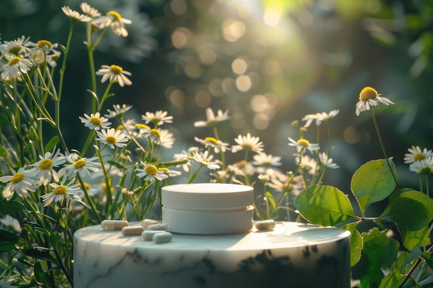 Herbal medicine stand mockup empty podium on table for supplements alternative medicine homeopathy herbal treatment natural products with banner and copy space for advertising and promotion