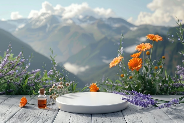 Herbal medicine stand mockup empty podium on table for supplements alternative medicine homeopathy herbal treatment natural products with banner and copy space for advertising and promotion