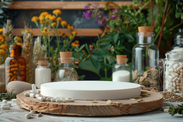 Herbal medicine stand mockup leeg podium op tafel voor supplementen alternatieve geneeskunde homeopathie kruidenbehandeling natuurlijke producten met banner en kopie ruimte voor reclame en promotie