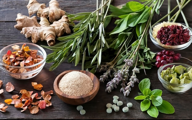 Herbal medicine on wooden desk background