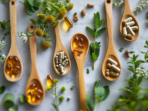 Photo herbal medicine in wooden spoons herbs and capsules on a light background generative ai