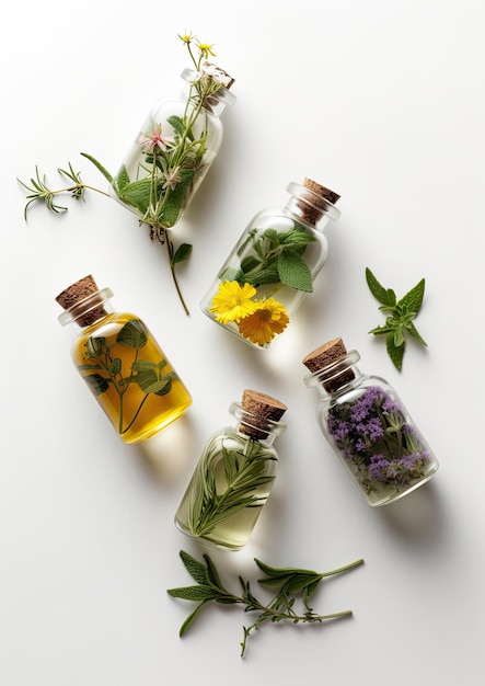 Herbal Remedies concept with glass bottles and plants around isolated on white background top view