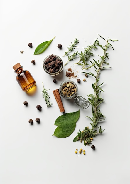 Herbal Remedies concept with glass bottles and plants around isolated on white background top view