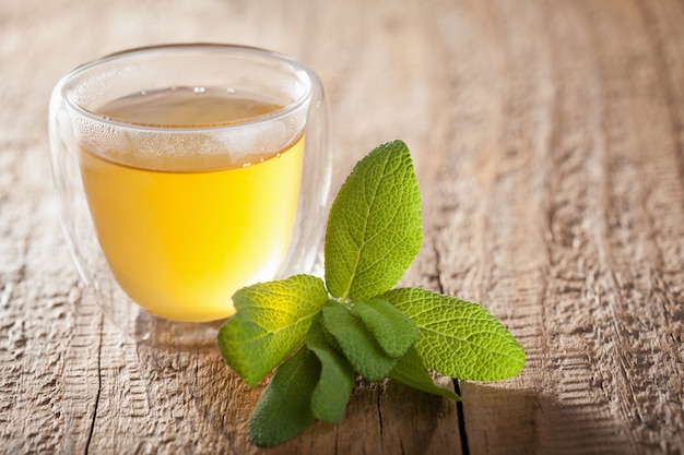 Photo herbal sage tea with green leaves in glass cups