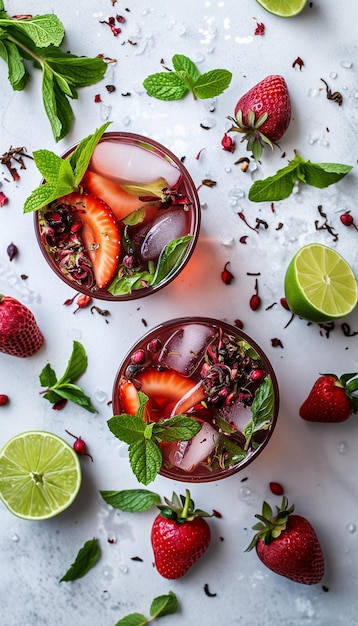 Herbal strawberry iced tea with ice cubes