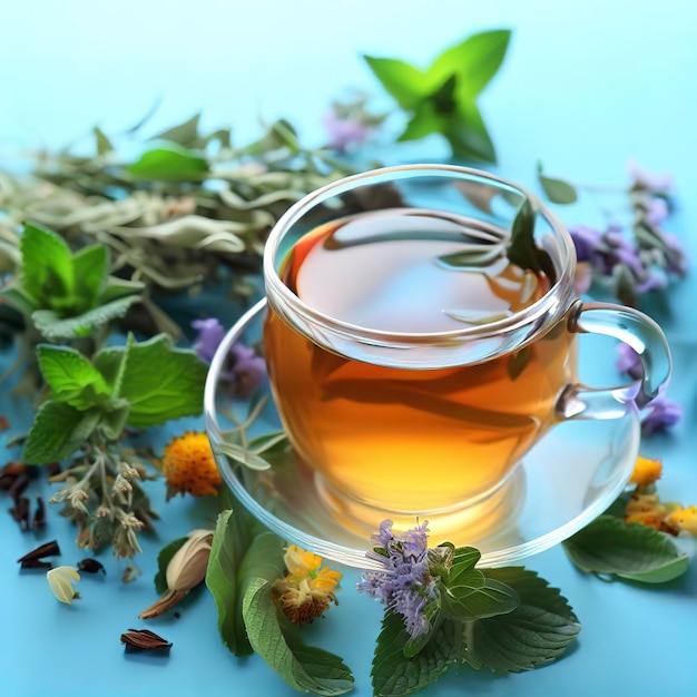 Herbal tea on blue background