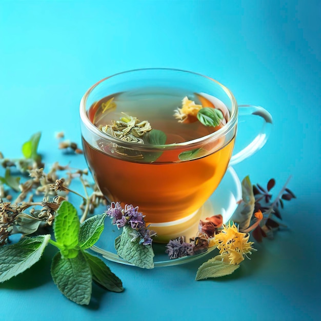 Herbal tea on blue background