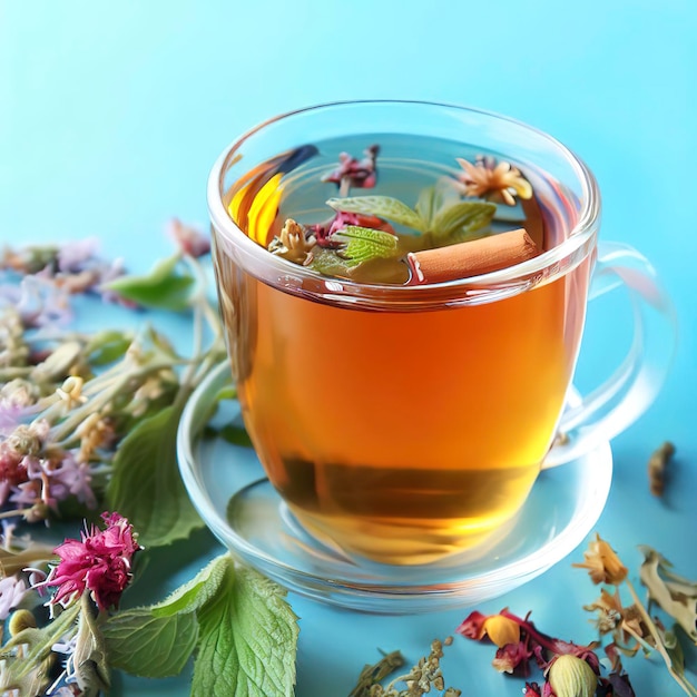 Herbal tea on blue background