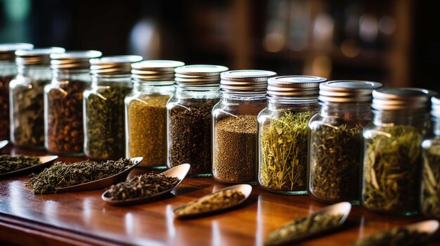 Herbal tea or dried herbs or medicine in jars with spoon Homeopathic Medicine Generate AI