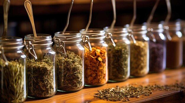 Herbal tea or dried herbs or medicine in jars with spoon Homeopathic Medicine Generate AI