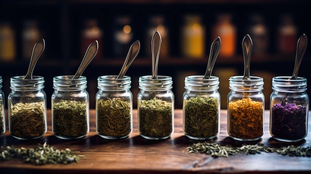 Herbal tea or dried herbs or medicine in jars with spoon Homeopathic Medicine Generate AI