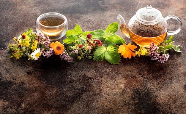 Herbal tea fresh herbs and flowers Herbal medicinexACopy space for text