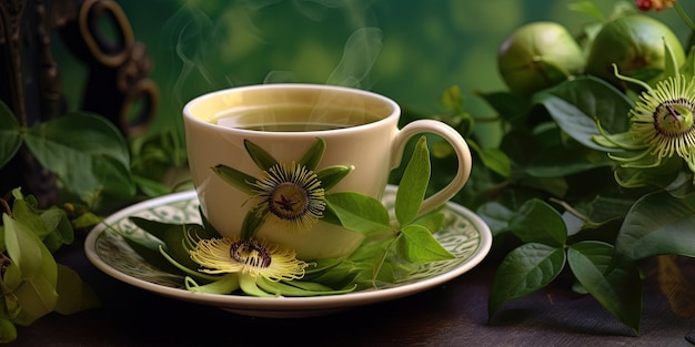 Herbal tea from the leaves of the passion flower on rustic background Soothing natural remedy