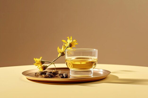 Травяной чай в стакане на бежевом фоне минимализма spsce для текста