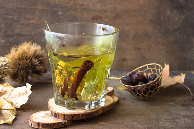 Herbal tea in a glass cup.