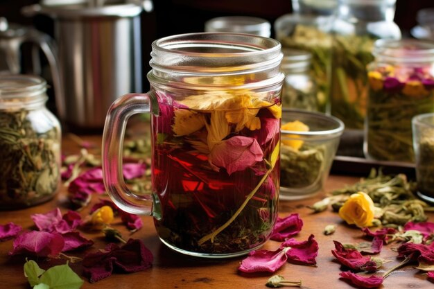 Herbal tea infusion with colorful leaves and petals