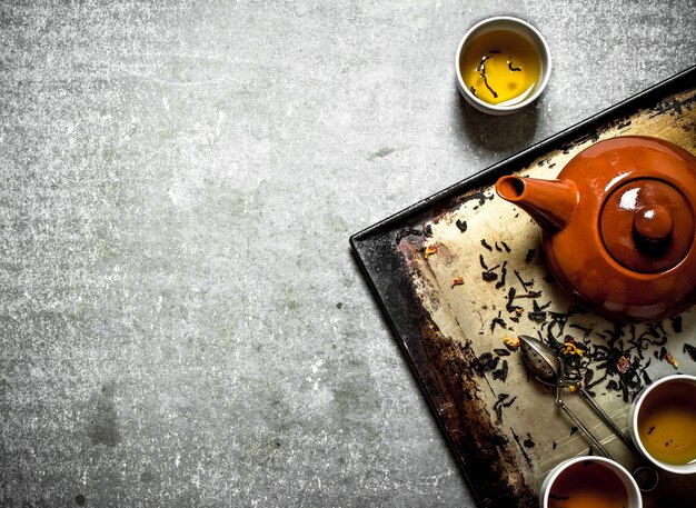 Herbal tea on an old tray