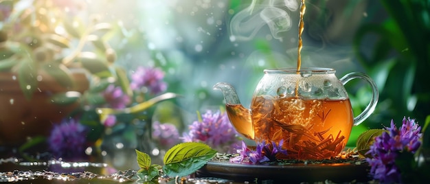 Herbal tea pouring steam and leaves soothing moment