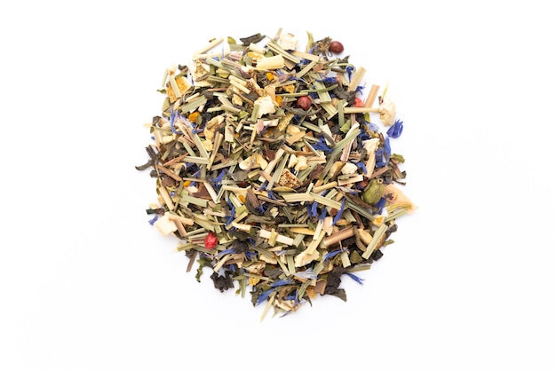 Herbal tea on a white background. Fruit and herbal, tea, turmeric, ginger Top view.