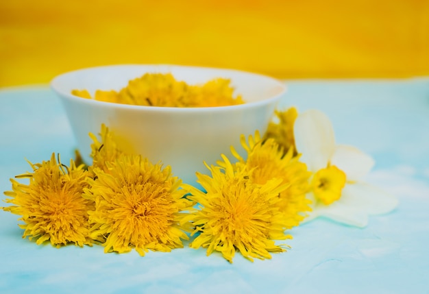 Herbal tea in white cup with dandelions flowers