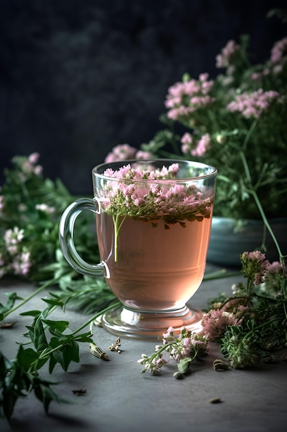 Herbal tea with flowers in glass cup on the table AI generated