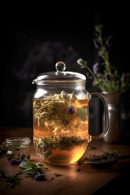 Herbal tea with flowers in glass teapot on dark background AI generated