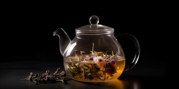 Herbal tea with flowers in glass teapot on dark background AI generated