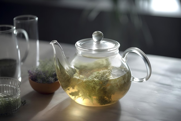 Herbal tea with flowers in glass teapot on the table AI generated