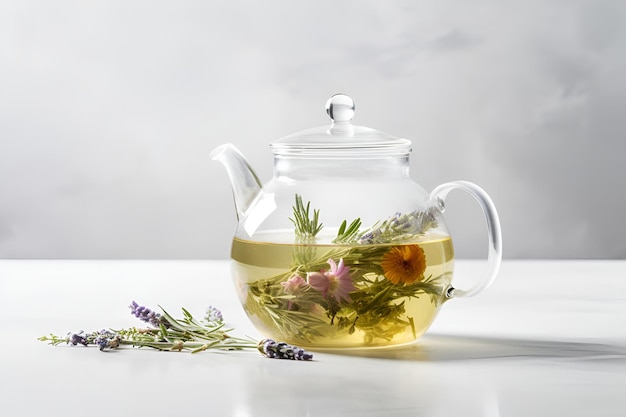 Herbal tea with flowers in glass teapot on white background AI generated