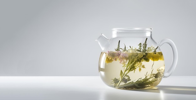 Herbal tea with flowers in glass teapot on white background with copy space AI generated