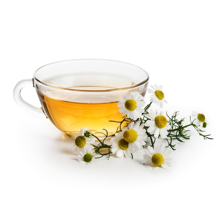 Photo herbal tea with fresh chamomile flowers on white background