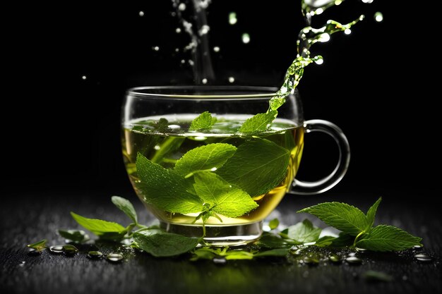 Foto tè a base di erbe con foglie di menta verde fresca e gocce d'acqua su sfondo scuro promozione commerciale