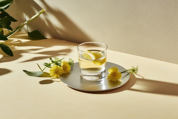 Herbal tea with lemon in a glass glass hard lighting minimalism