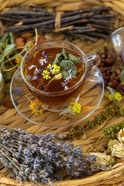 Herbal tea with medicinal herbs and flowers Selective focus