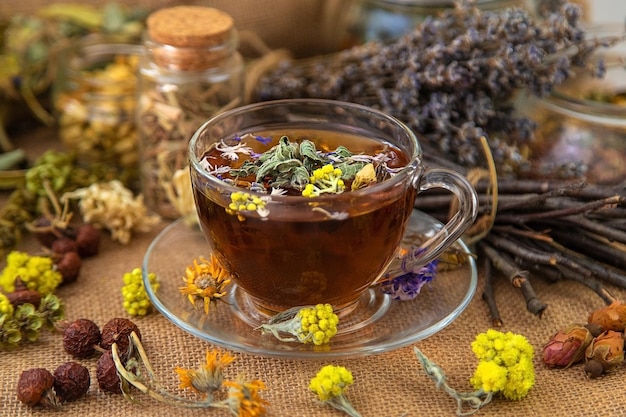 Herbal tea with medicinal herbs and flowers Selective focus