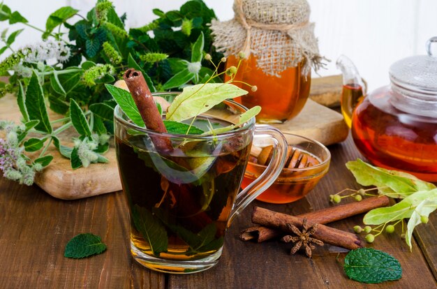 Herbal tea with mint, dried linden flowers