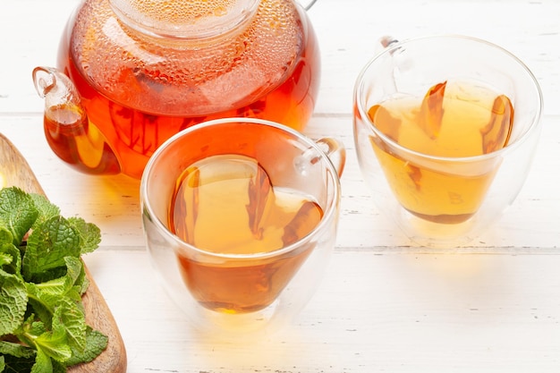 Herbal tea with mint and lemon Tea cup and teapot