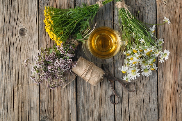 Herbal tea with mint and oregano, top view