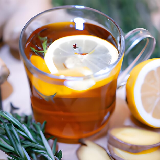Foto tè a base di erbe con spicchi di rosmarino, miele di zenzero e limone infusione calda in una tazza di vetro trasparente