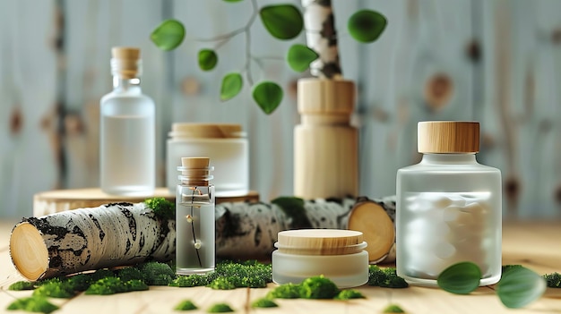 植物療法とアロマセラピーコンセプト エッセンシャルオイルと緑の葉で 有機的な健康と自然な美容ケアを象徴する 木製の背景
