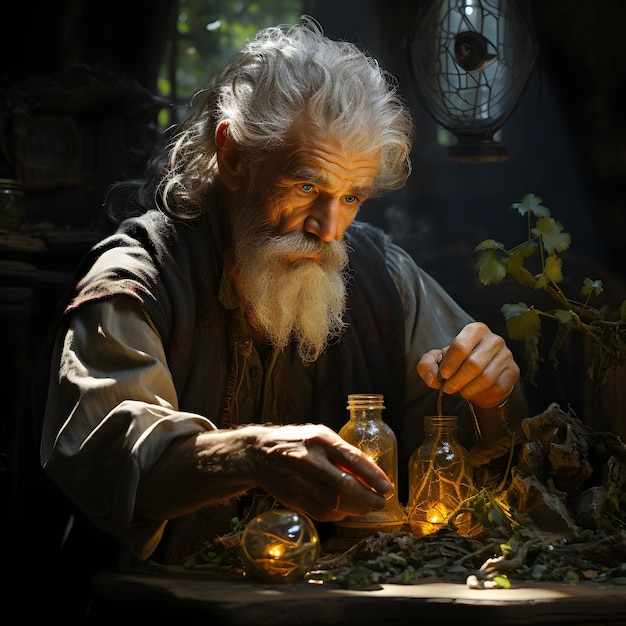 An herbalist old man working in a laboratory