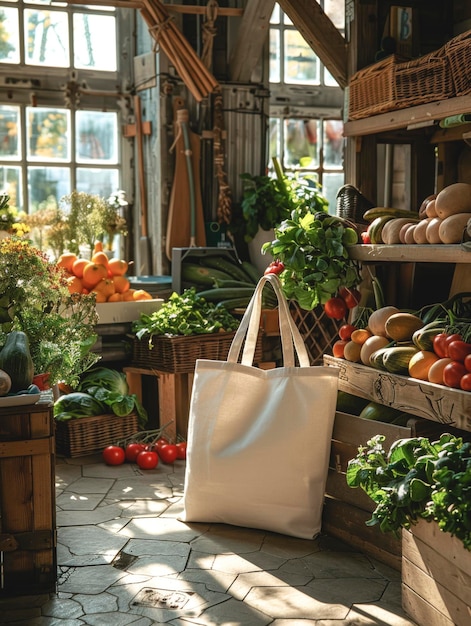 Foto herbruikbare canvas tas voor het winkelen op een rustieke markt