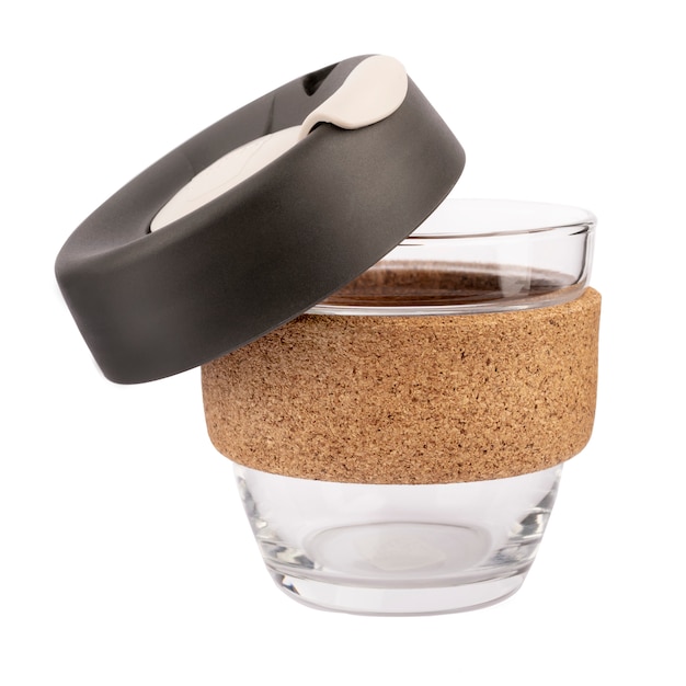 Foto herbruikbare coffee glass eco cup met houten houder