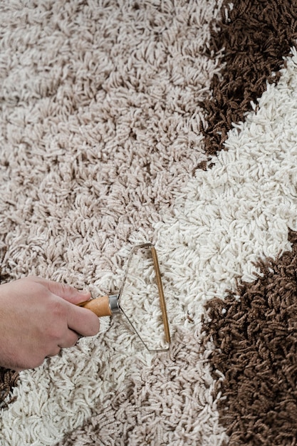 Herbruikbare katten- en hondenhaarverwijderaar met scheermes Handmatige tapijtschraper close-up Reiniging van tapijt met behulp van draagbare pluisjesscheerverwijderaar