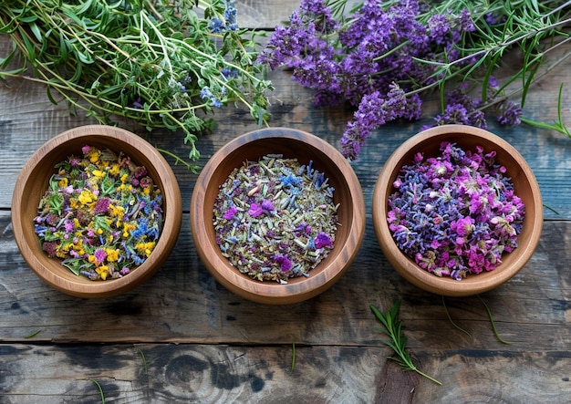 herbs in bowls on wooden background